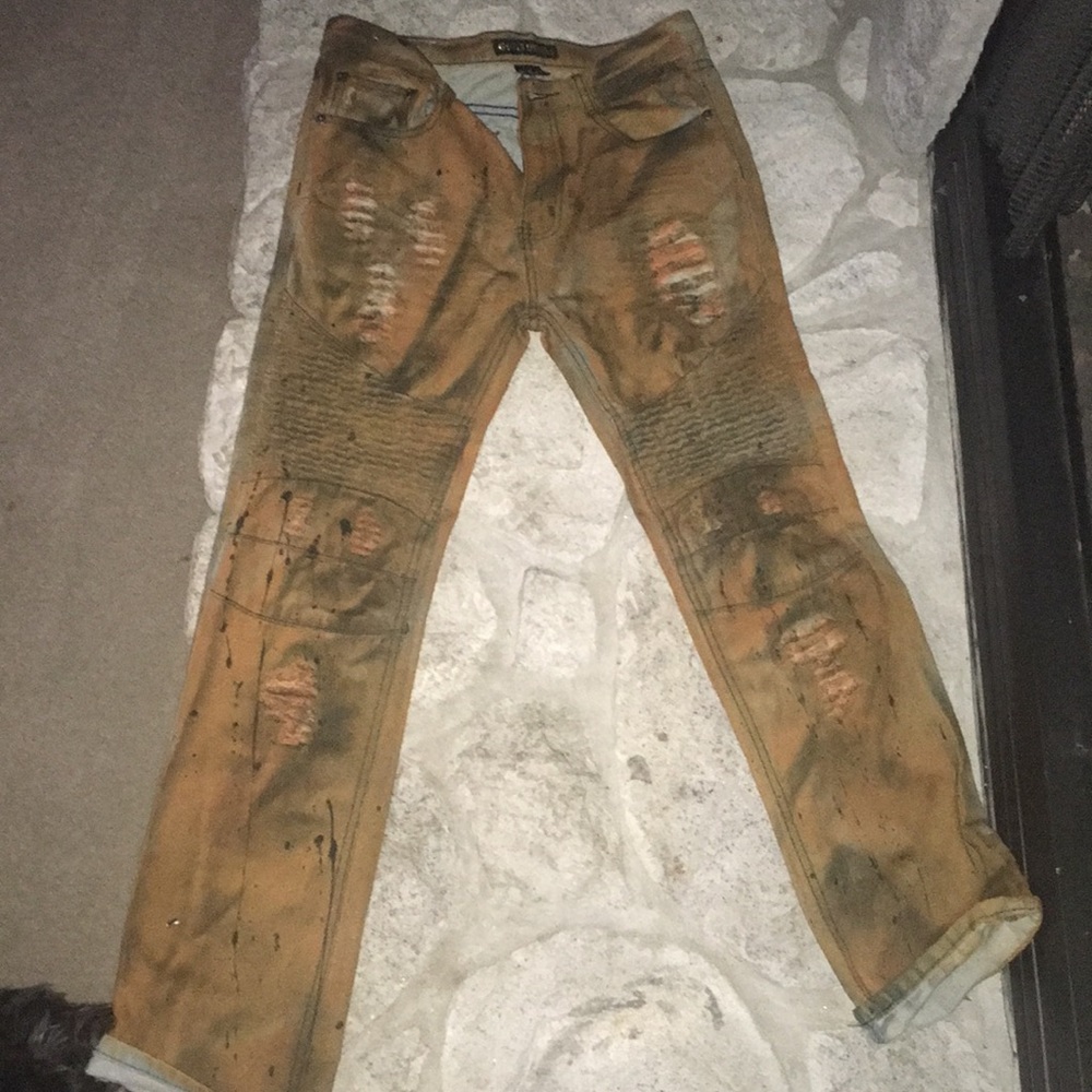 GS-115 Denim HIP DISTRESSED BRONZE SPLATTER PANTS
